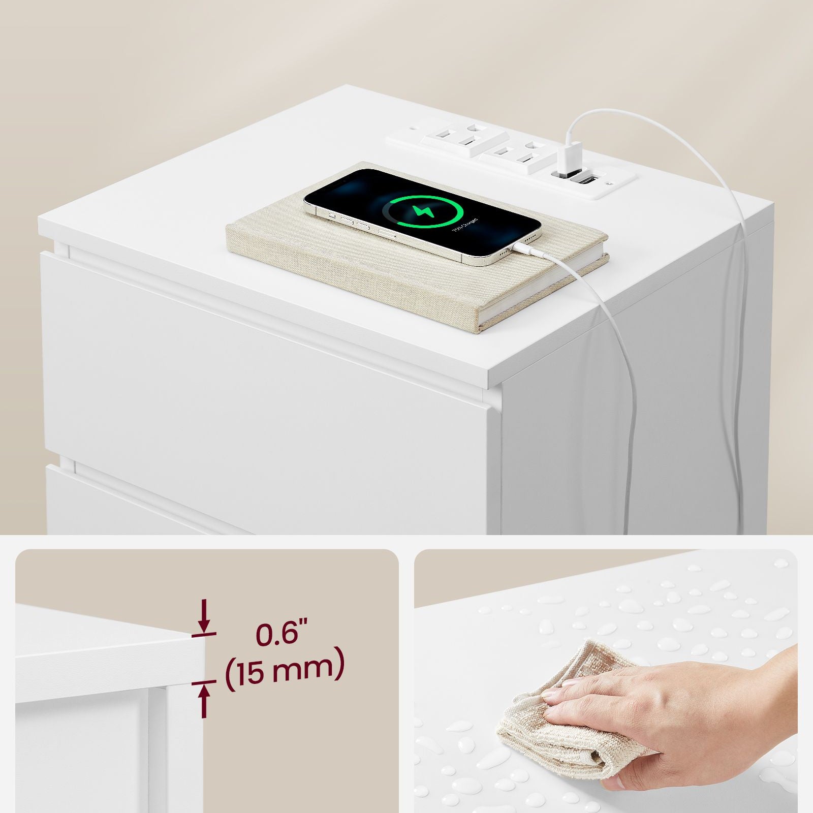 Nightstand with Charging Station - 3 Drawers - USB & AC Outlets