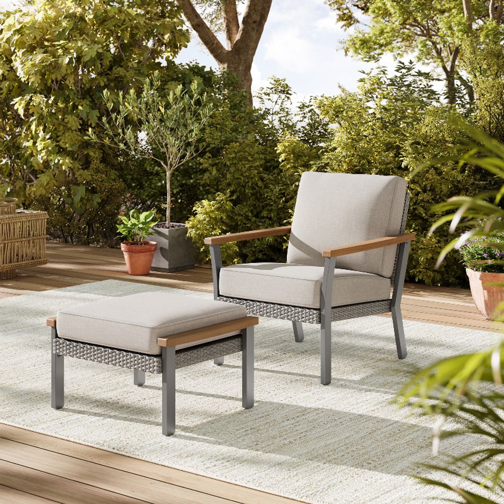 Outdoor Ottoman, Rattan Look, Thick Cushion, Footrest