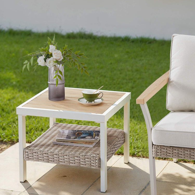 Outdoor Side Table, Faux Wood, 2-Tier Rattan, Coffee Table