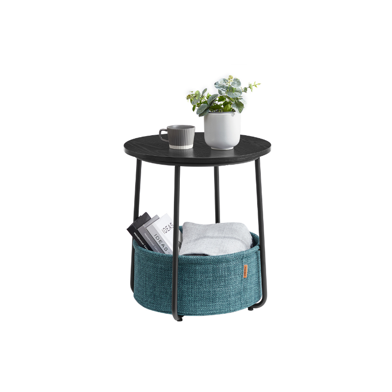 Round side table with fabric basket - 17" wide - sturdy steel frame - quick assembly