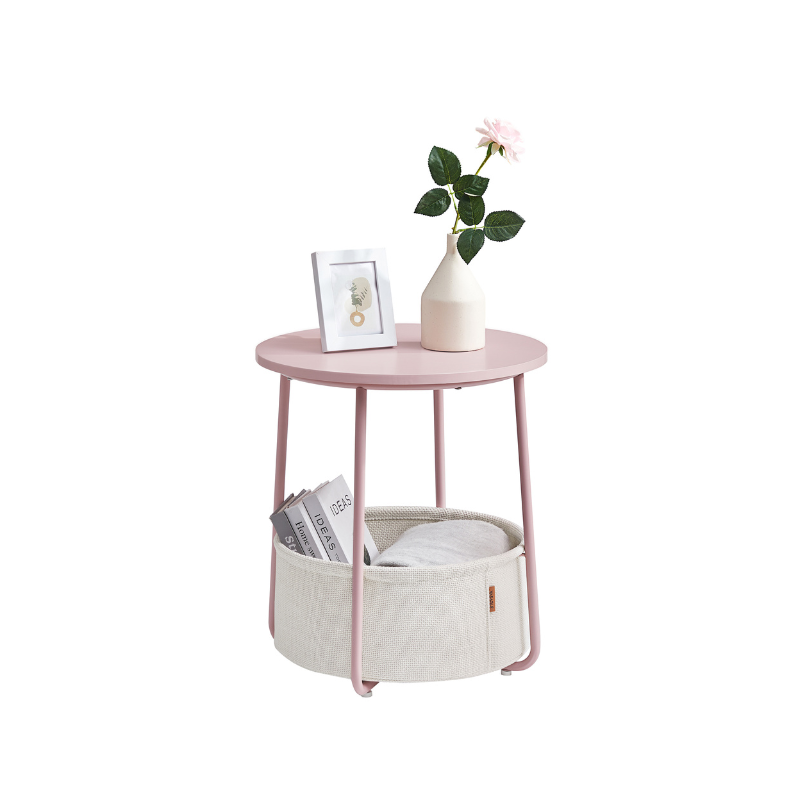 Round side table with fabric basket - 17" wide - sturdy steel frame - quick assembly