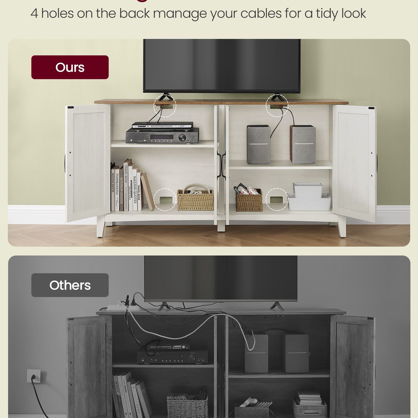 Rustic buffet cabinet, 59" sideboard, adjustable shelves, cable management