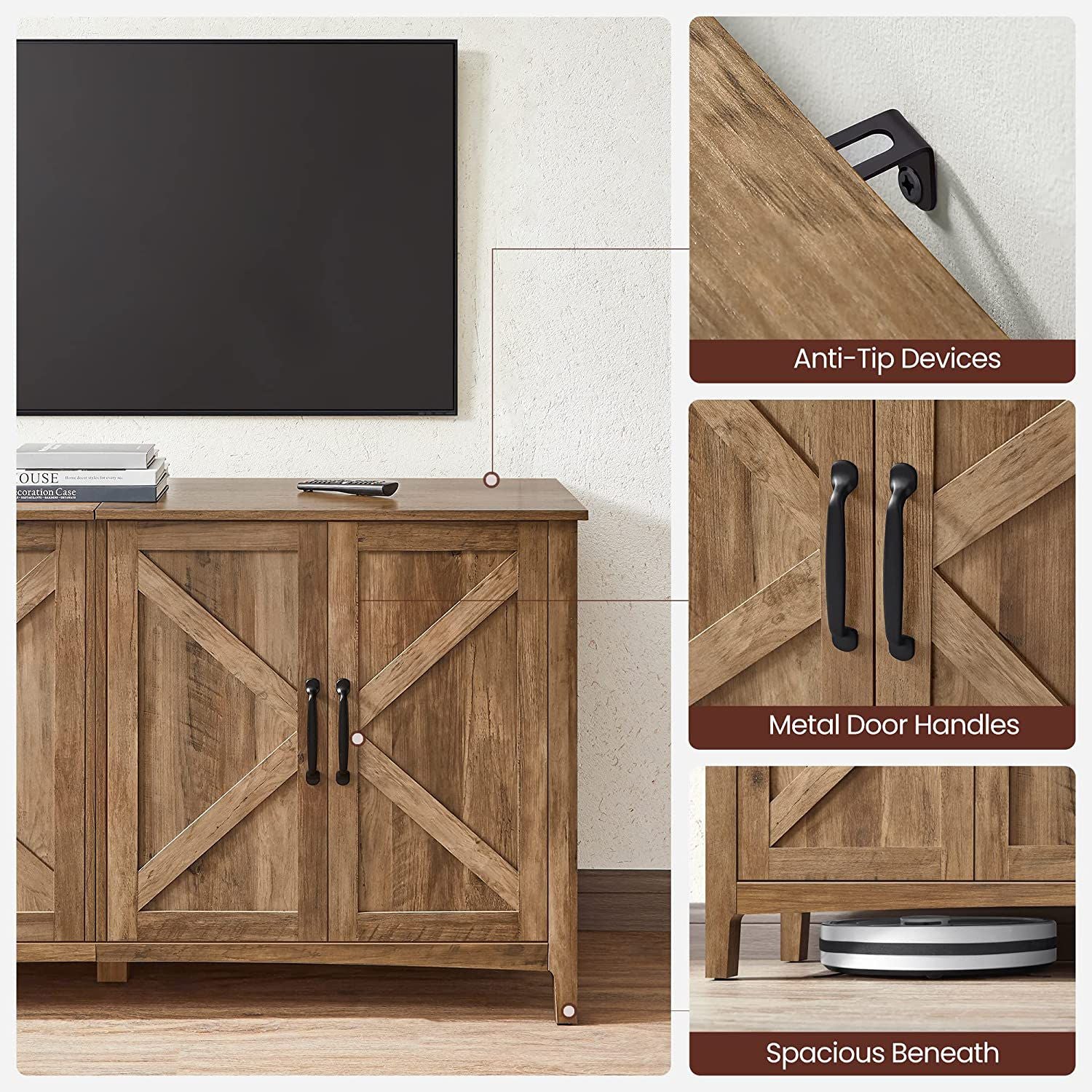 Rustic buffet cabinet, 59" sideboard, adjustable shelves, cable management