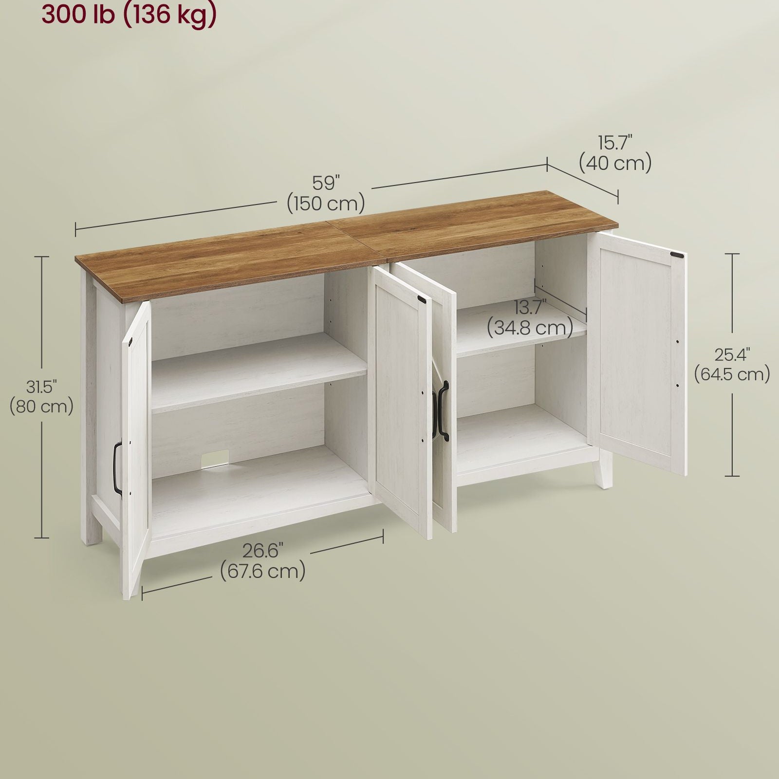 Rustic buffet cabinet, 59" sideboard, adjustable shelves, cable management