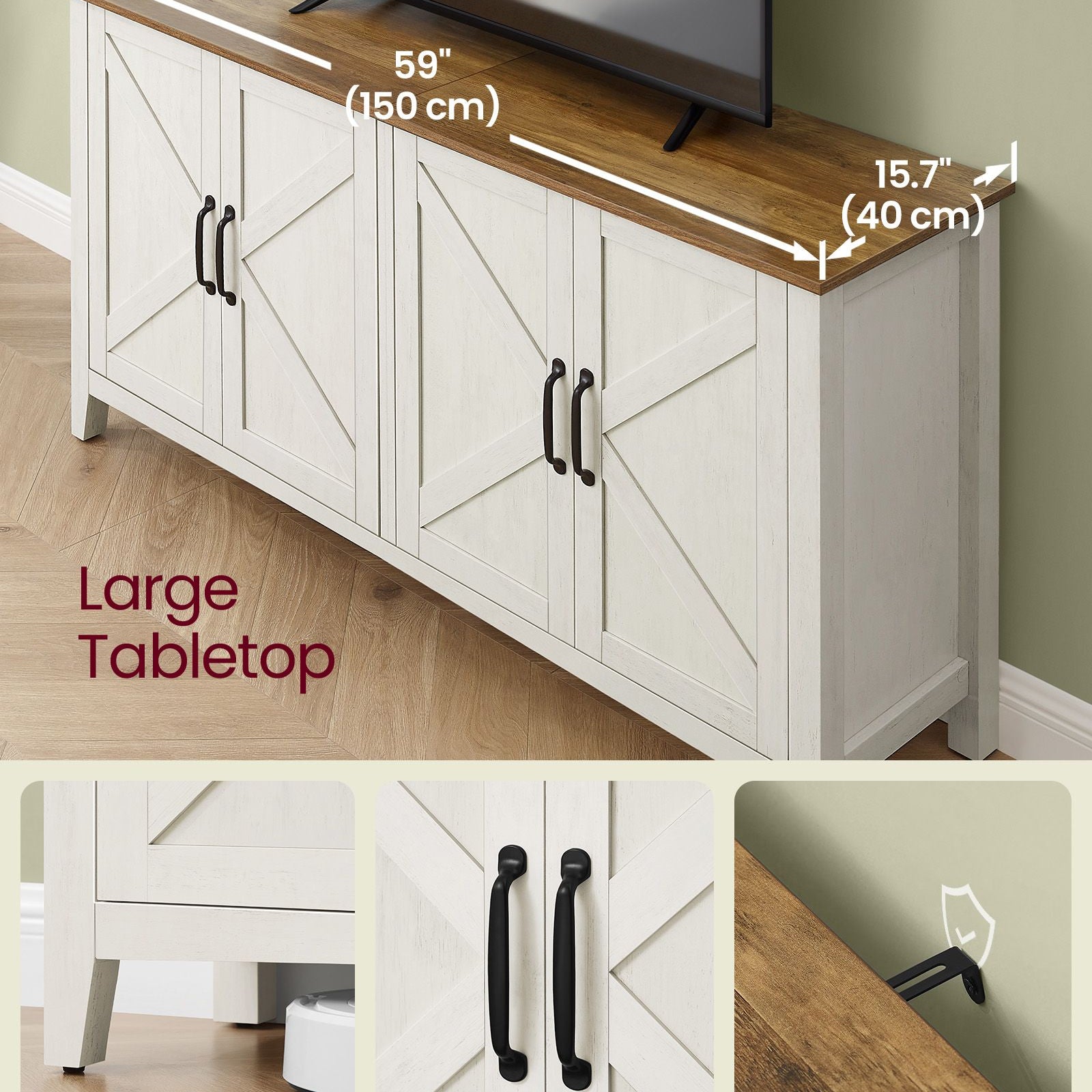 Rustic buffet cabinet, 59" sideboard, adjustable shelves, cable management