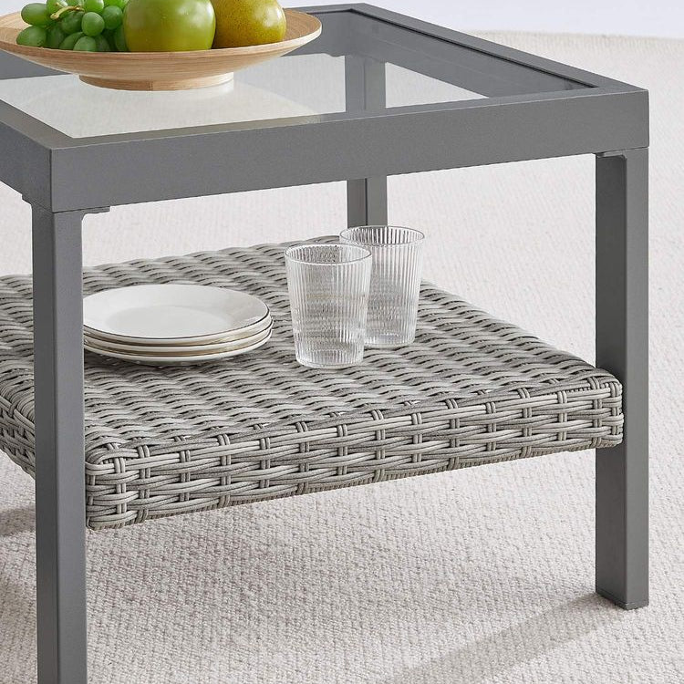 Sencillo Glass Side Table, Grey Rattan, Tempered Glass