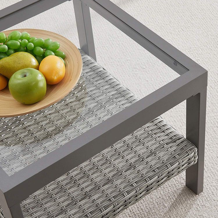 Sencillo Glass Side Table, Grey Rattan, Tempered Glass