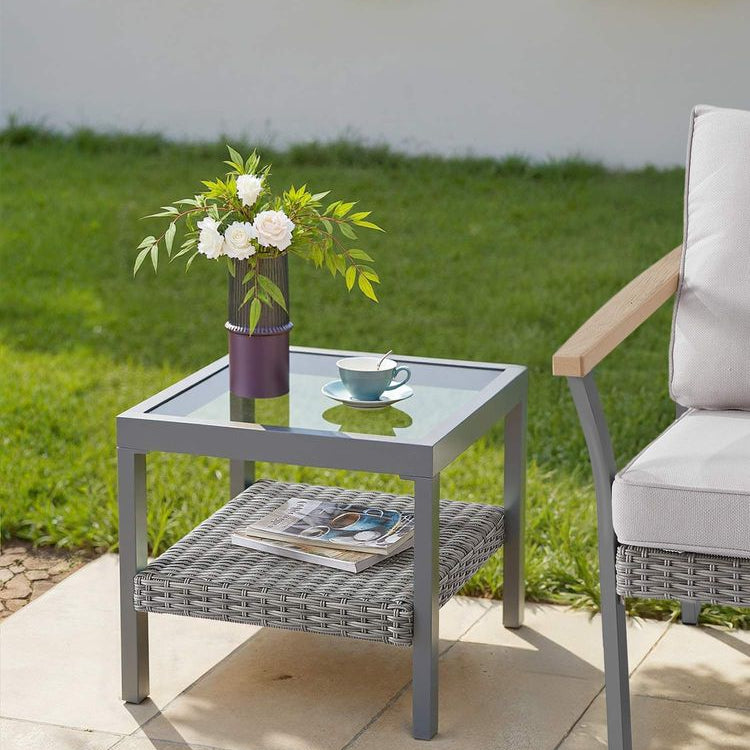 Sencillo Glass Side Table, Grey Rattan, Tempered Glass