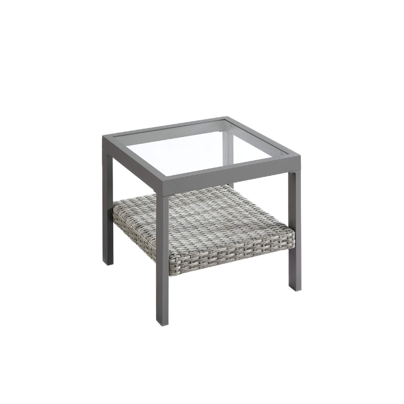 Sencillo Glass Side Table, Grey Rattan, Tempered Glass