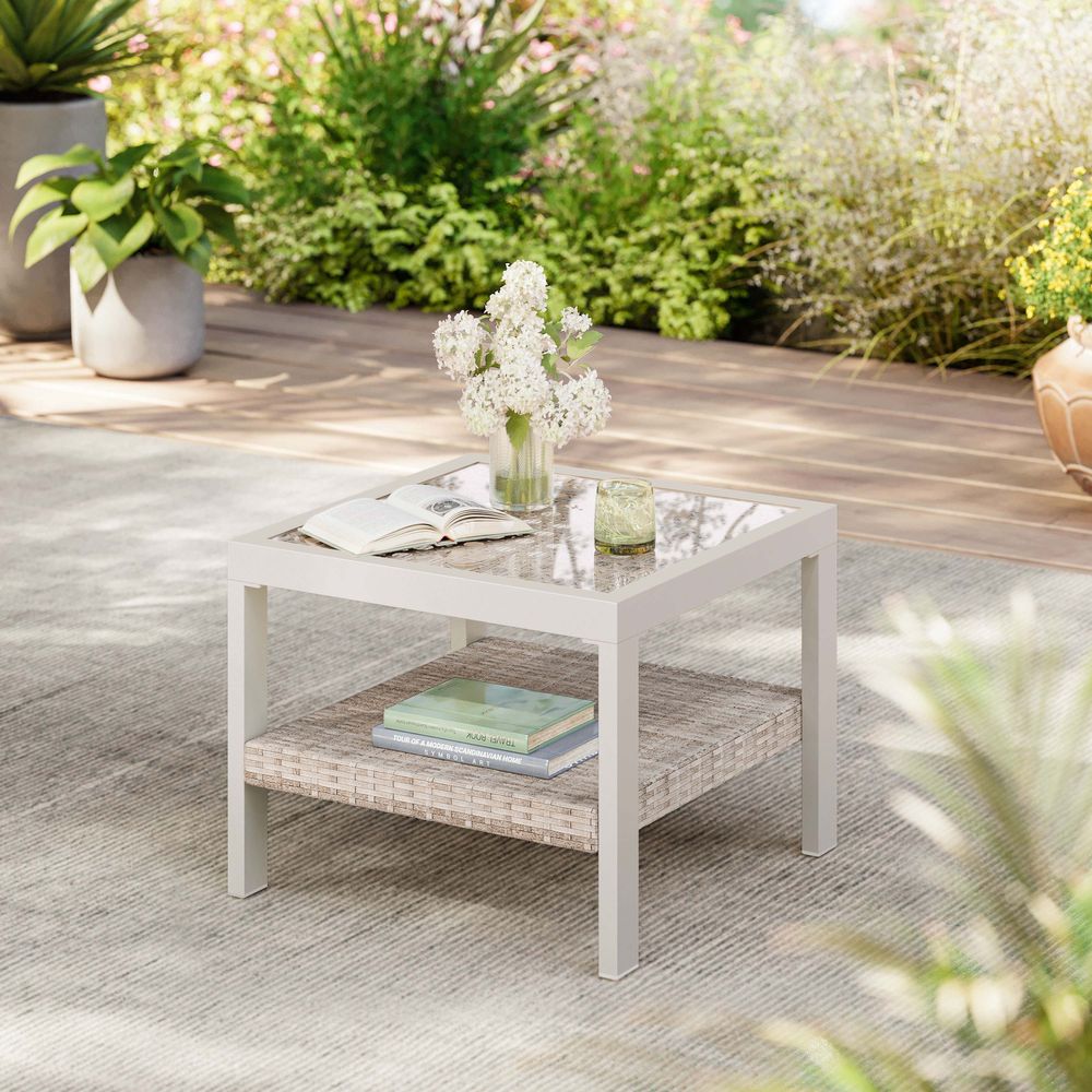Sencillo Glass Side Table, Rattan Look, Faux Wood Frame