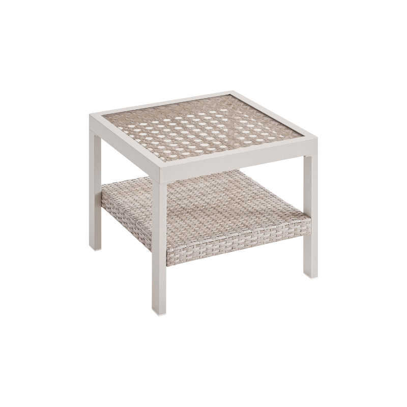 Sencillo Glass Side Table, Rattan Look, Faux Wood Frame