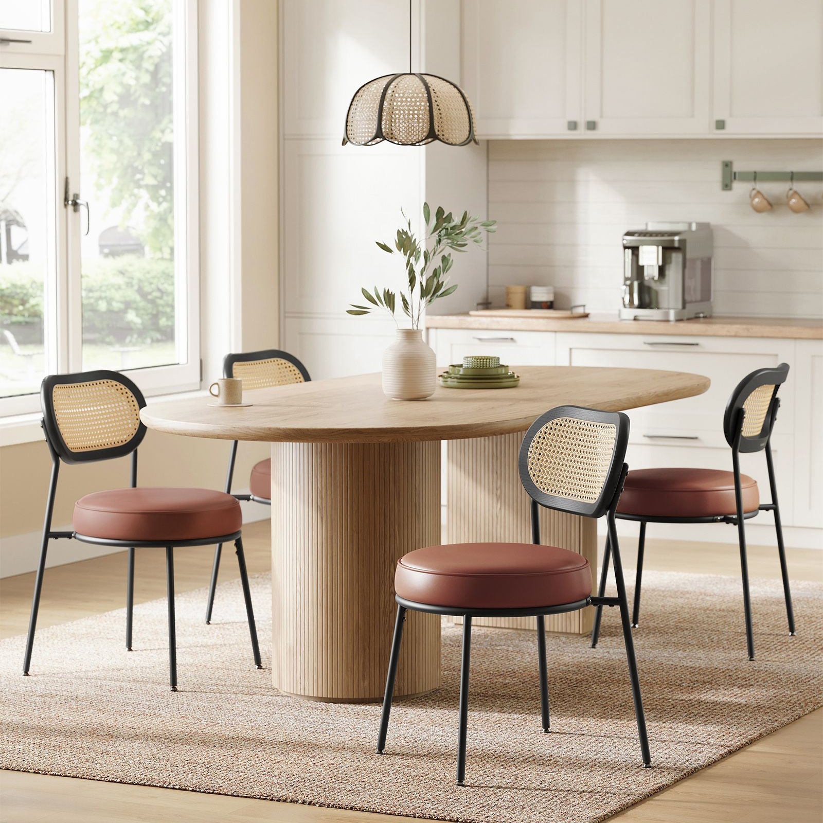 Set of 2 BOHO Dining Chairs, Rattan Back, Faux Leather Cushion, Swivel Feet