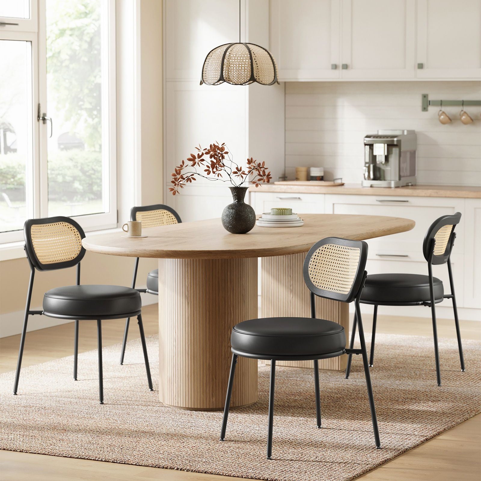 Set of 2 BOHO Dining Chairs, Rattan Back, Faux Leather Cushion, Swivel Feet