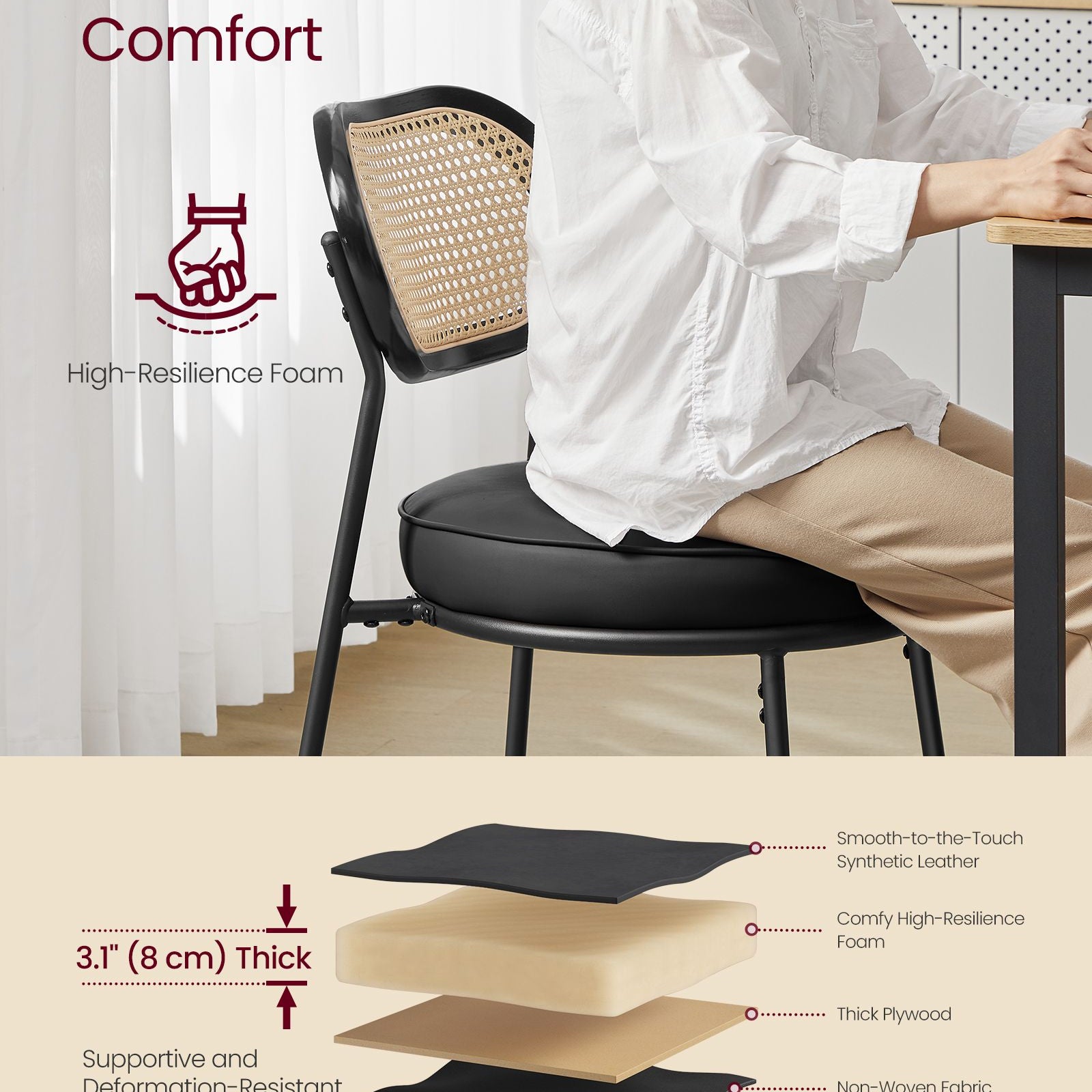 Set of 2 BOHO Dining Chairs, Rattan Back, Faux Leather Cushion, Swivel Feet