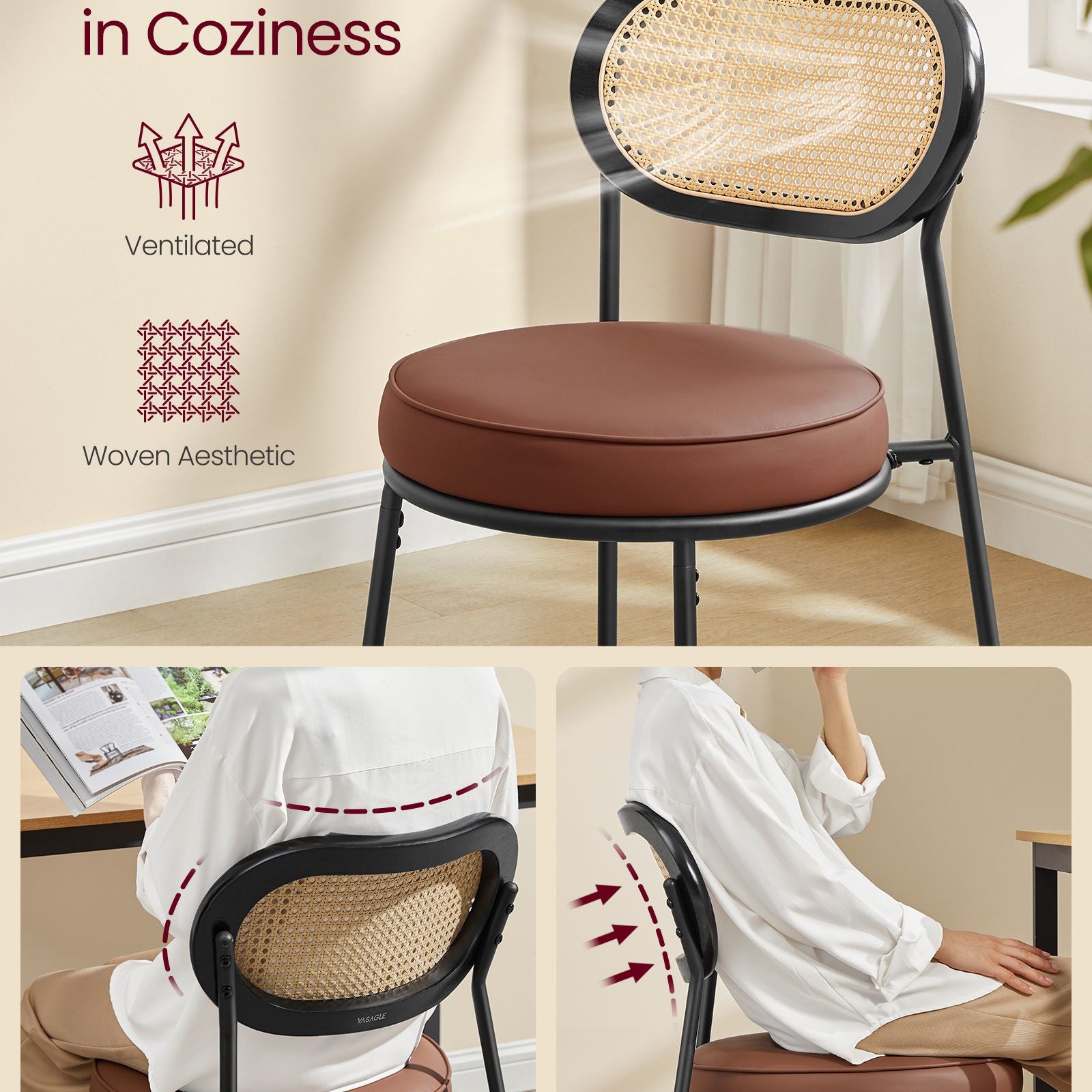 Set of 2 BOHO Dining Chairs, Rattan Back, Faux Leather Cushion, Swivel Feet