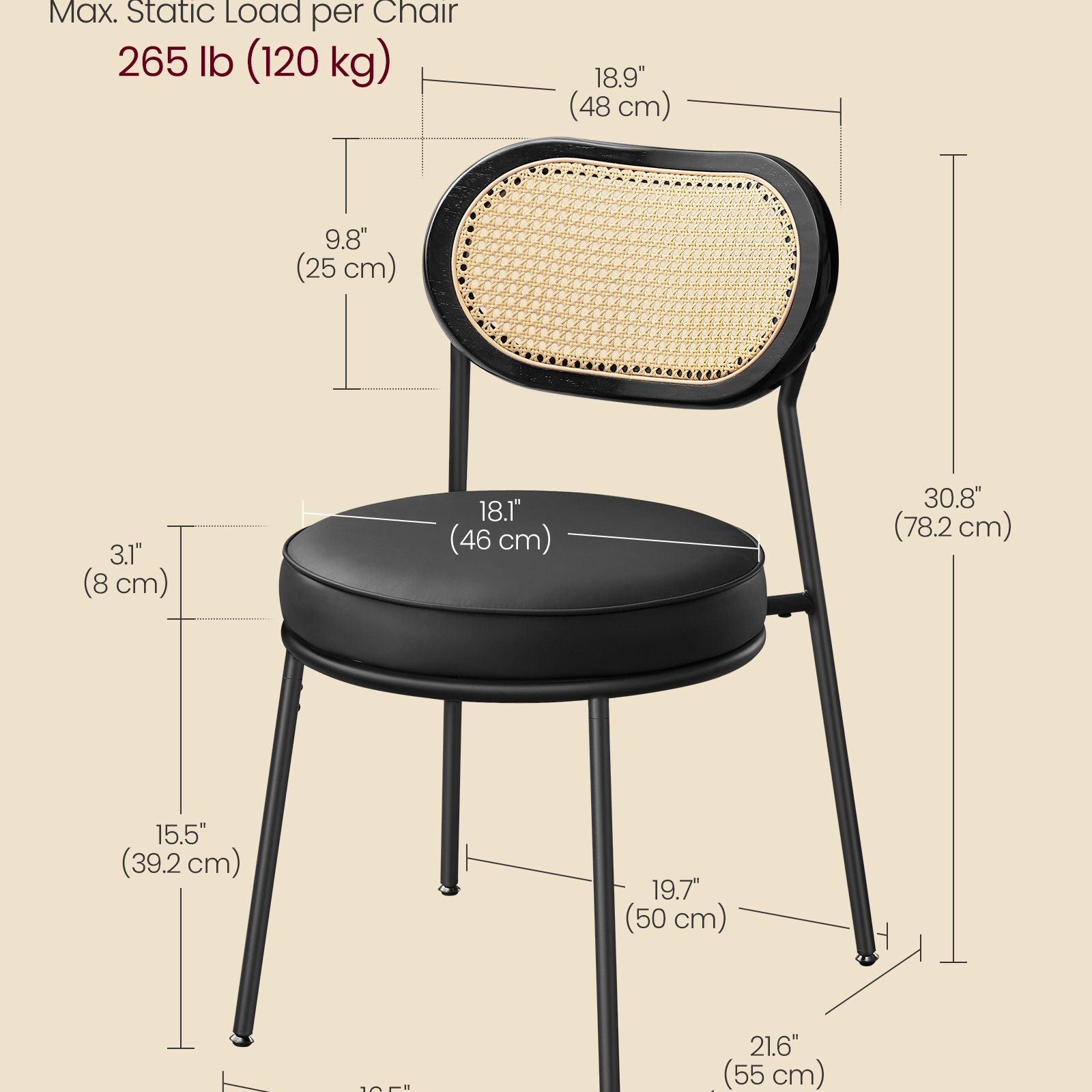 Set of 2 BOHO Dining Chairs, Rattan Back, Faux Leather Cushion, Swivel Feet