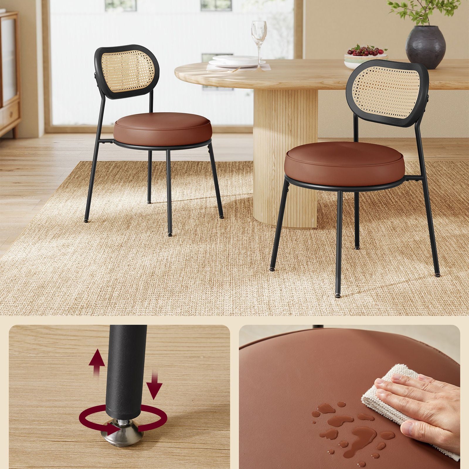 Set of 2 BOHO Dining Chairs, Rattan Back, Faux Leather Cushion, Swivel Feet