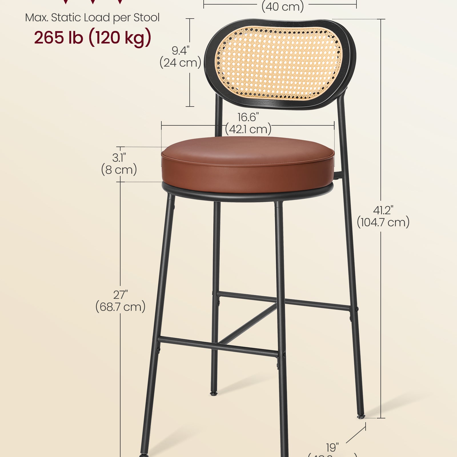 Set of 2 BOHO Rattan Bar Stools with Cushioned Seat - PE Rattan Back