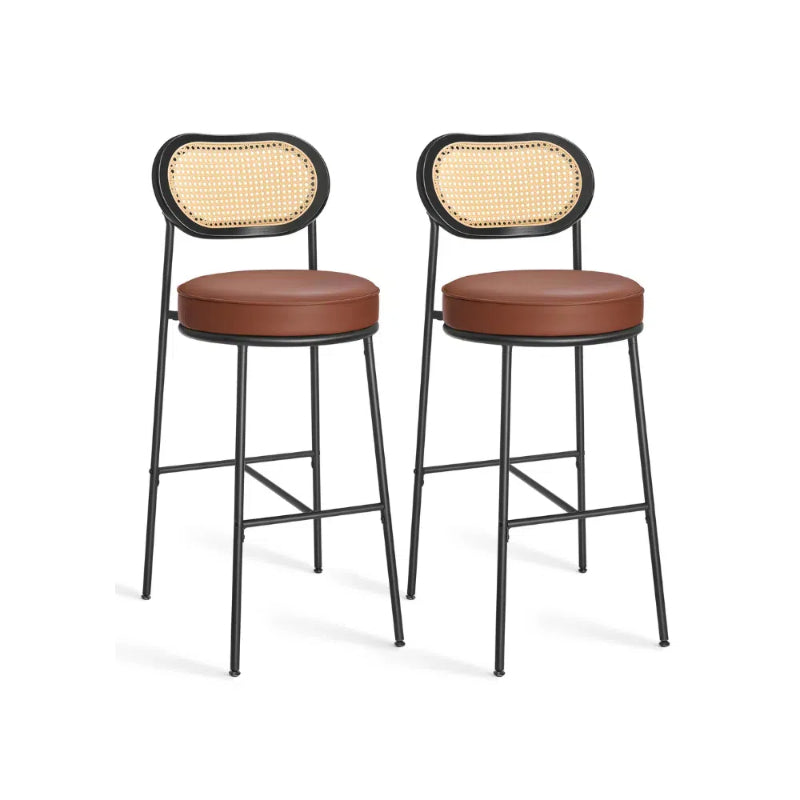 Set of 2 BOHO Rattan Bar Stools with Cushioned Seat - PE Rattan Back