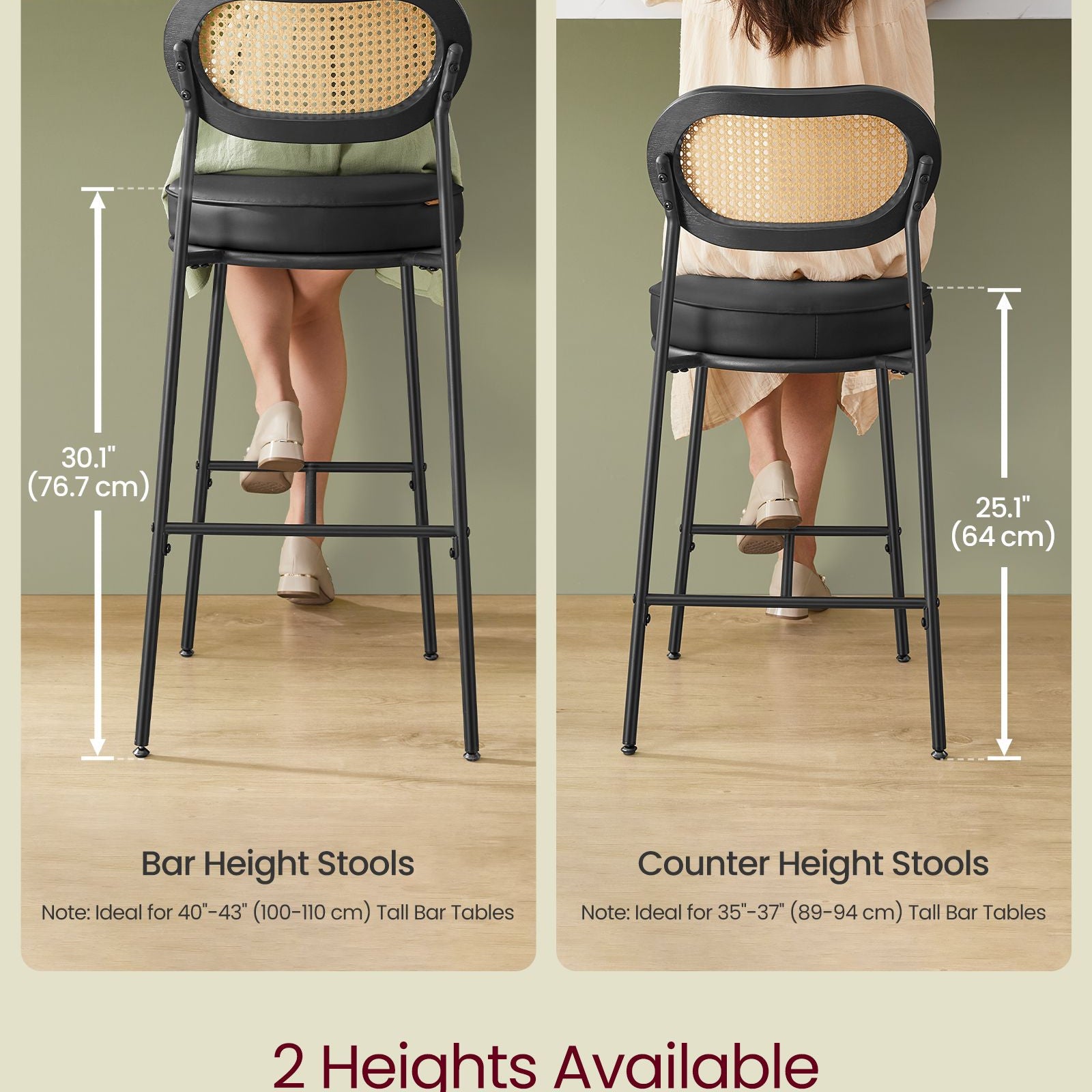 Set of 2 BOHO Rattan Bar Stools with Cushioned Seat - PE Rattan Back