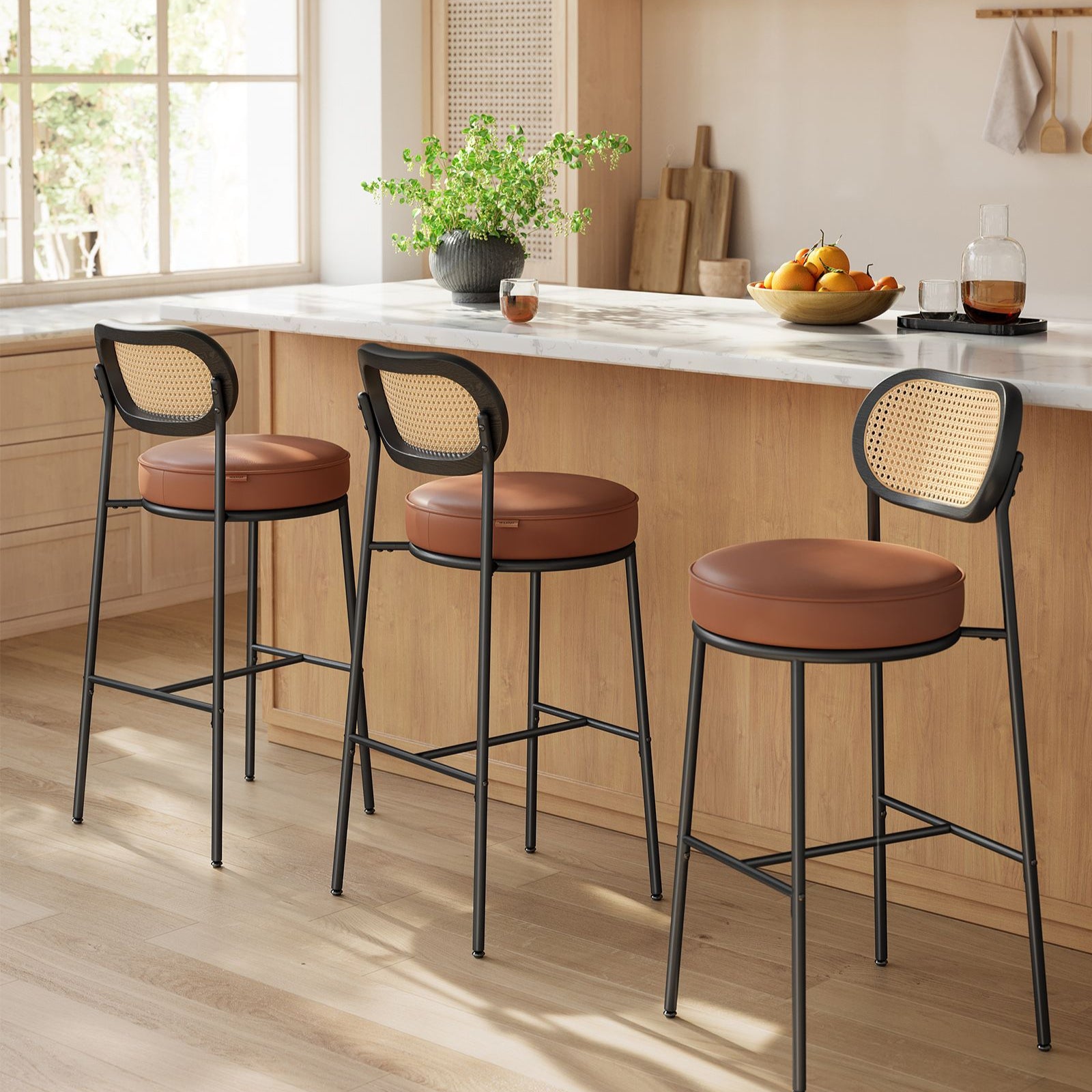 Set of 2 BOHO Rattan Bar Stools with Cushioned Seat - PE Rattan Back