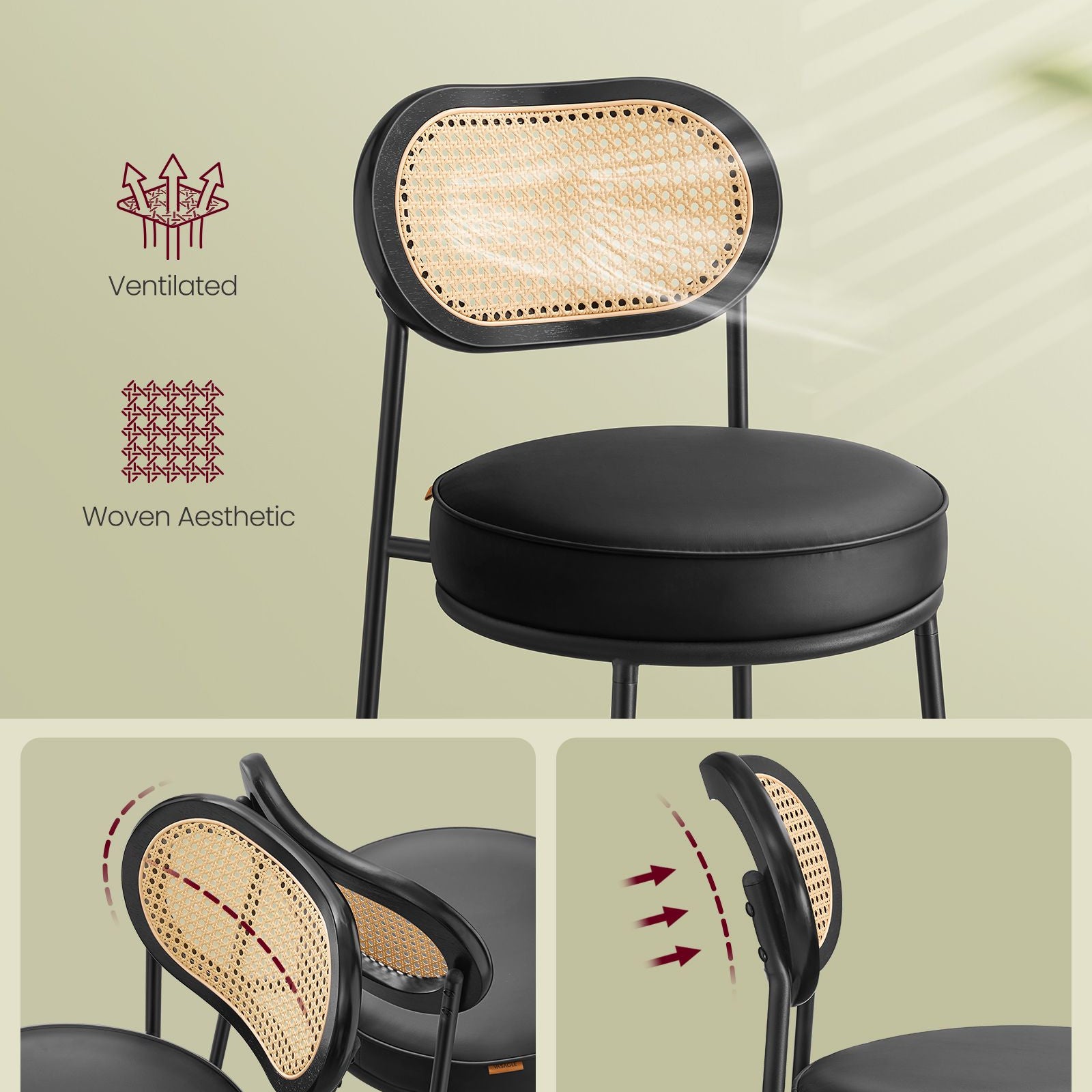 Set of 2 BOHO Rattan Bar Stools with Cushioned Seat - PE Rattan Back