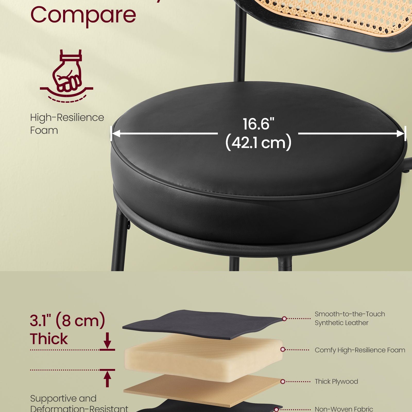 Set of 2 BOHO Rattan Bar Stools with Cushioned Seat - PE Rattan Back