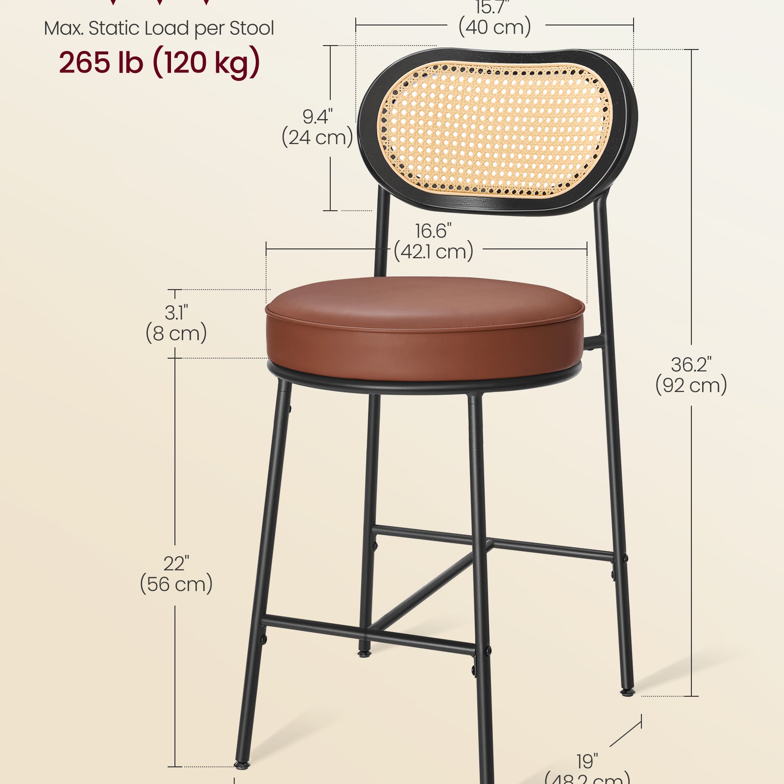 Set of 2 BOHO Rattan Bar Stools with Cushioned Seat - PE Rattan Back