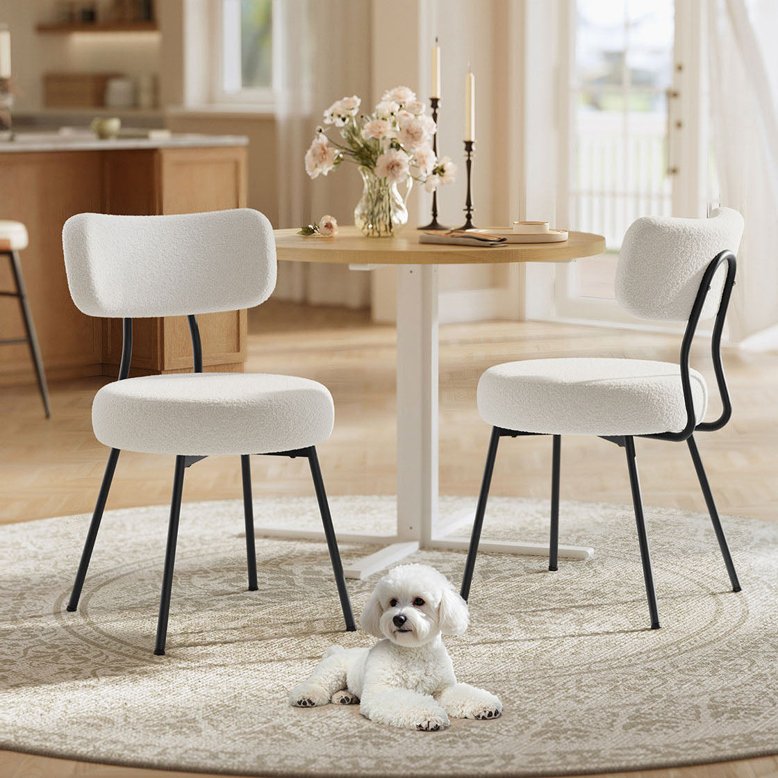 Set of 2 Dining Chairs, Teddy Fleece, Thick Cushion, Steel Frame, Adjustable Feet