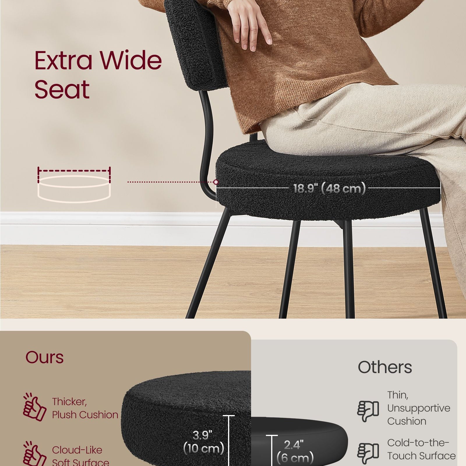 Set of 2 Dining Chairs, Teddy Fleece, Thick Cushion, Steel Frame, Adjustable Feet