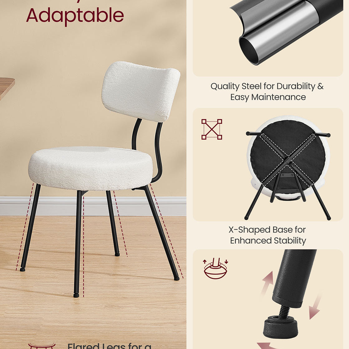 Set of 2 Dining Chairs, Teddy Fleece, Thick Cushion, Steel Frame, Adjustable Feet