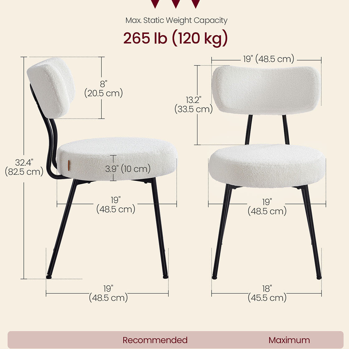 Set of 2 Dining Chairs, Teddy Fleece, Thick Cushion, Steel Frame, Adjustable Feet