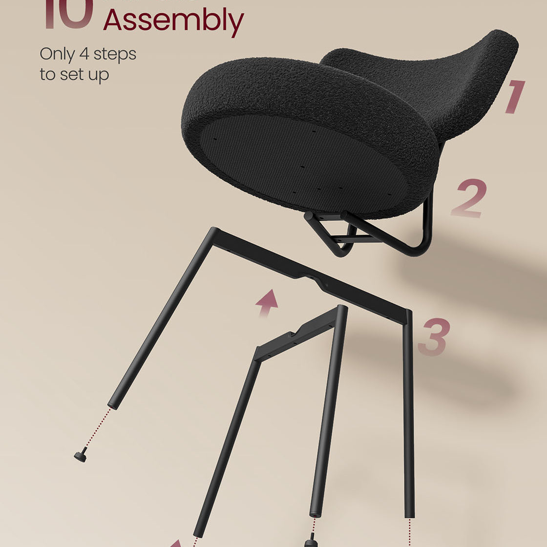 Set of 2 Dining Chairs, Teddy Fleece, Thick Cushion, Steel Frame, Adjustable Feet