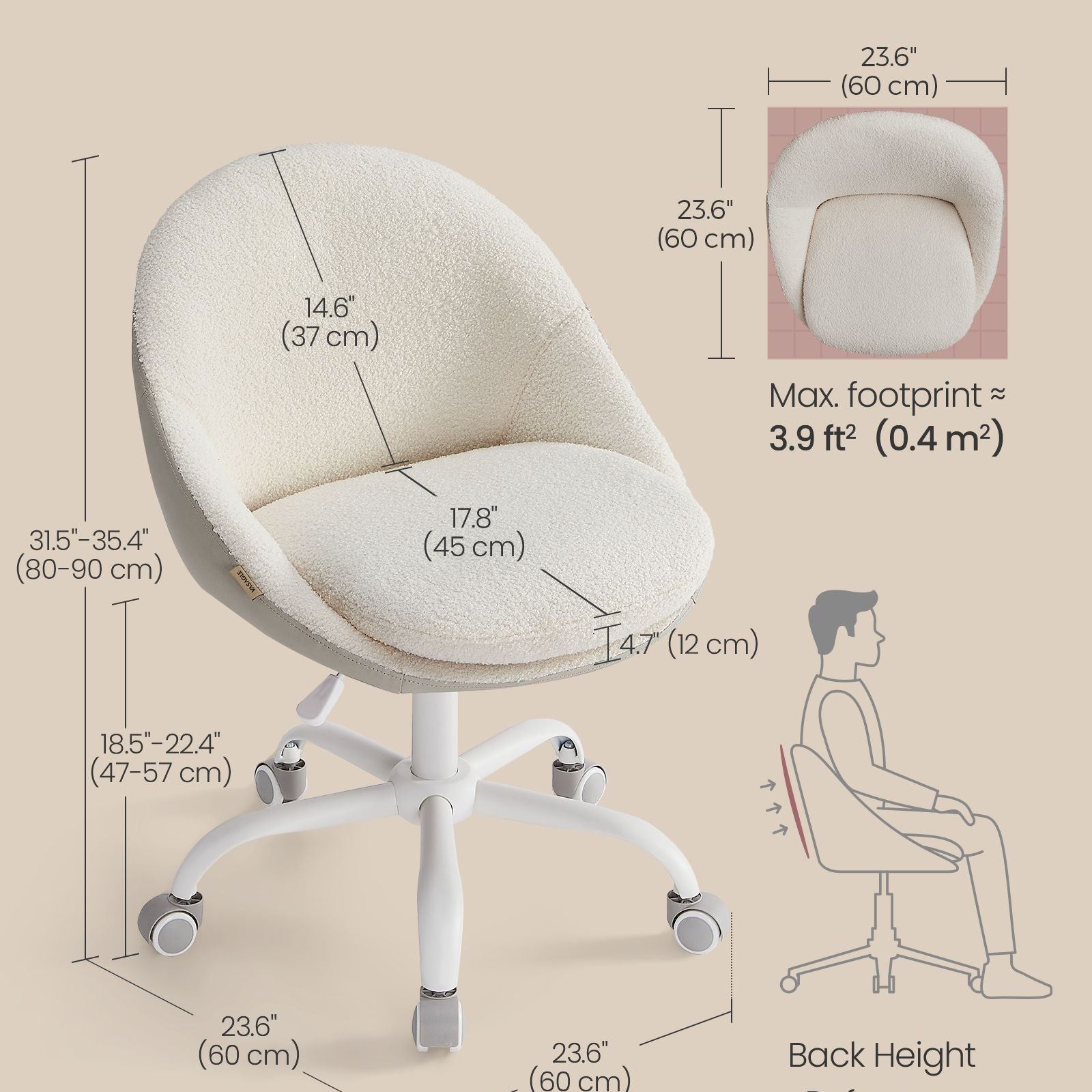 Sherpa Vanity Chair - Swivel Office Chair - Armless Design - Height Adjustable