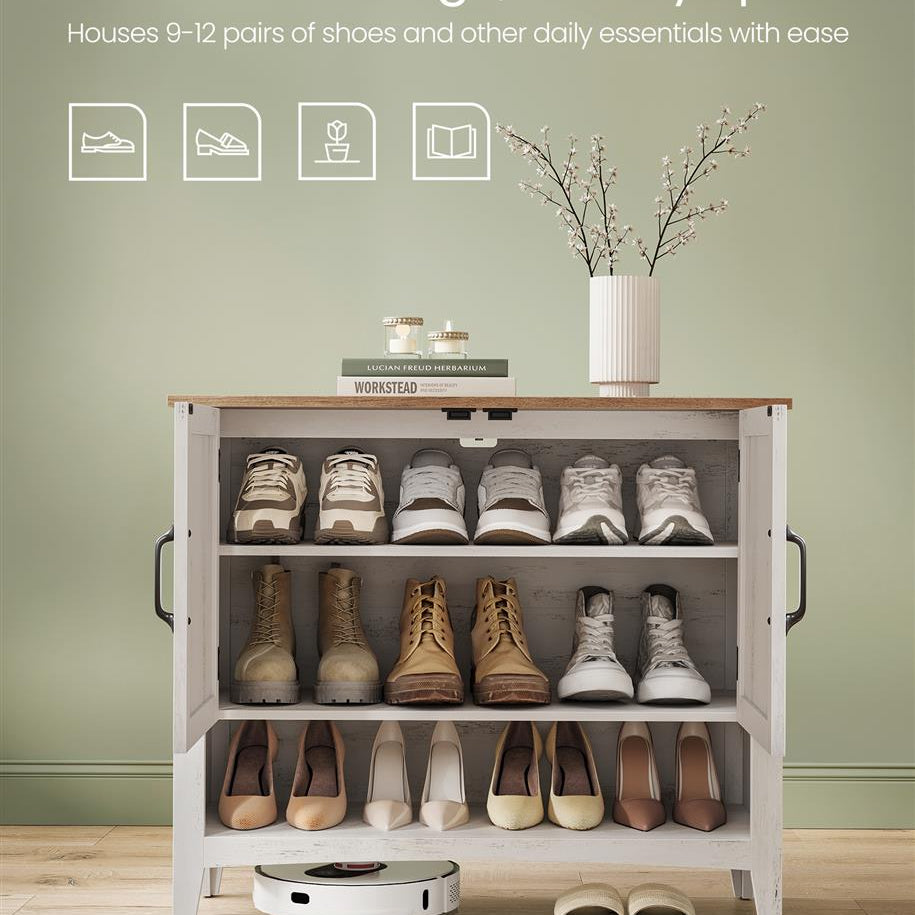 Shoe Storage Cabinet, Freestanding MDF, Open/Closed Compartments, Adjustable Shelves