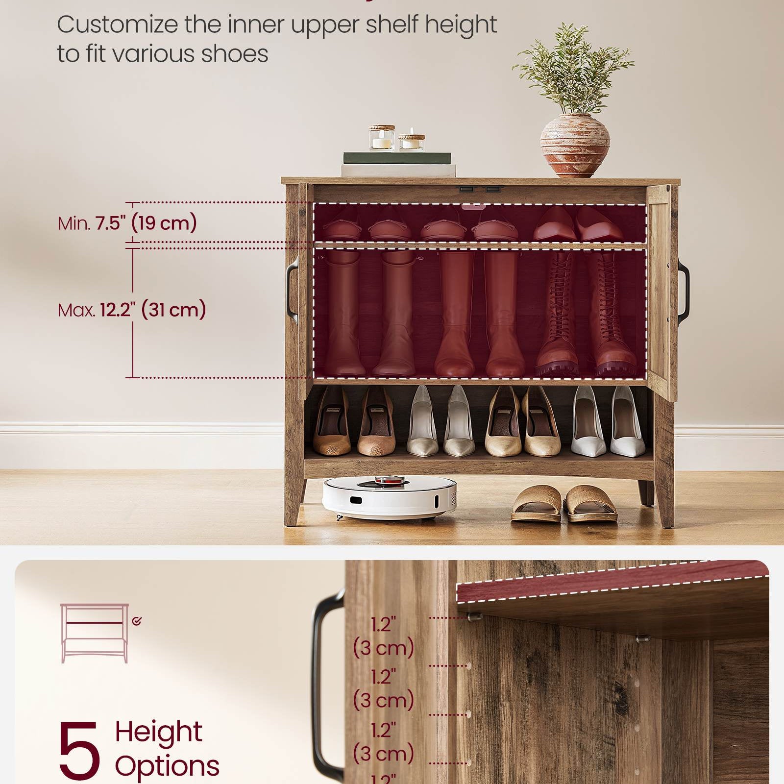 Shoe Storage Cabinet, Freestanding MDF, Open/Closed Compartments, Adjustable Shelves