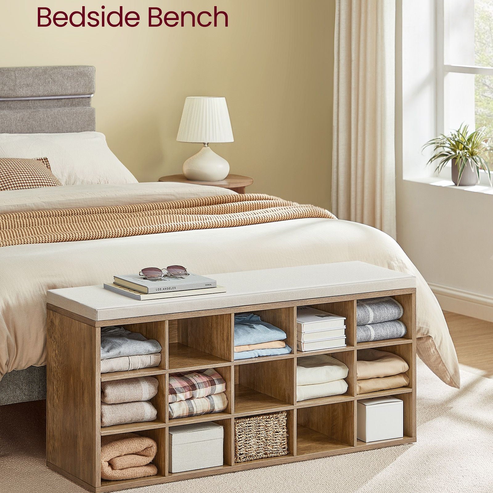 Shoe storage bench with cushion – holds 15 pairs