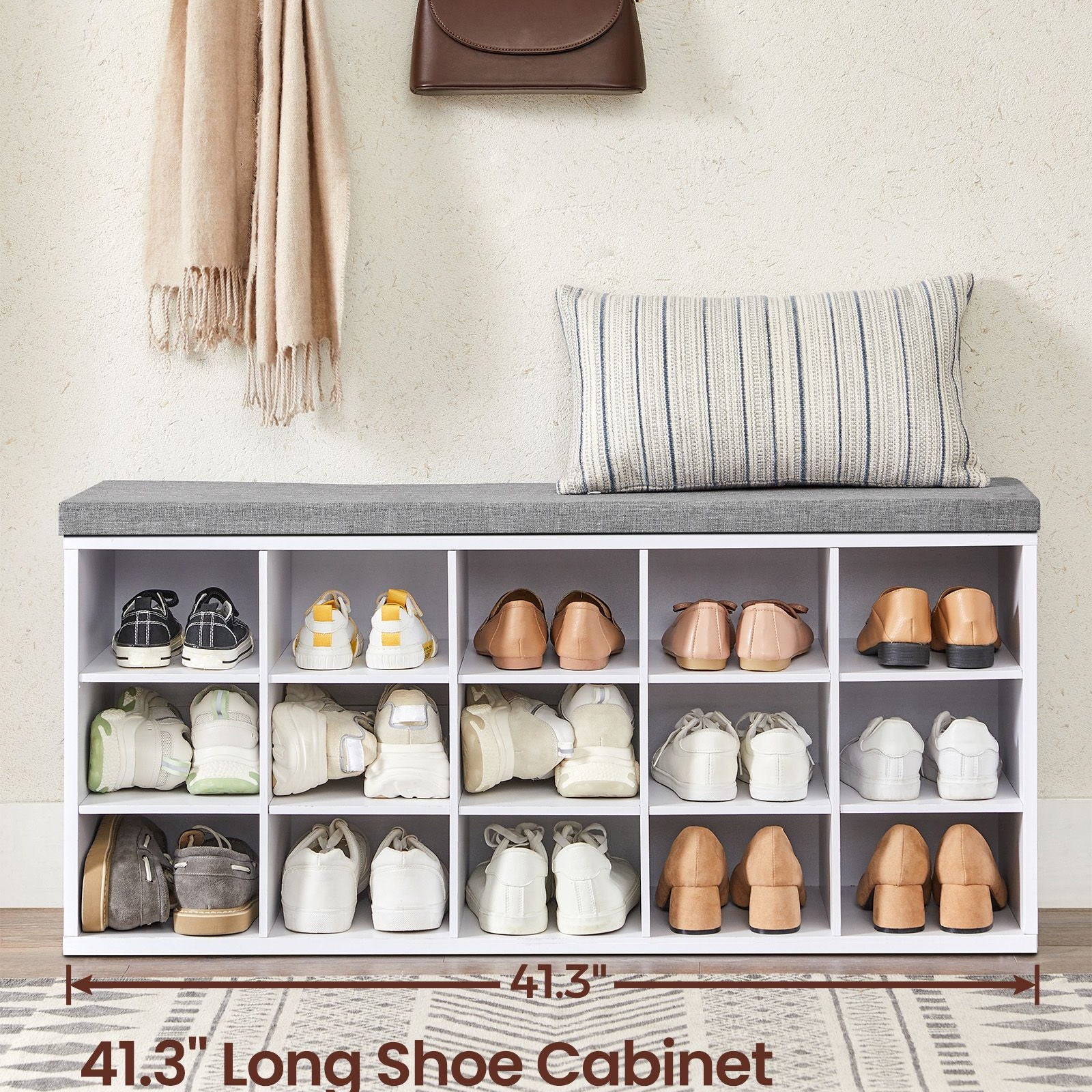 Shoe storage bench with cushion – holds 15 pairs