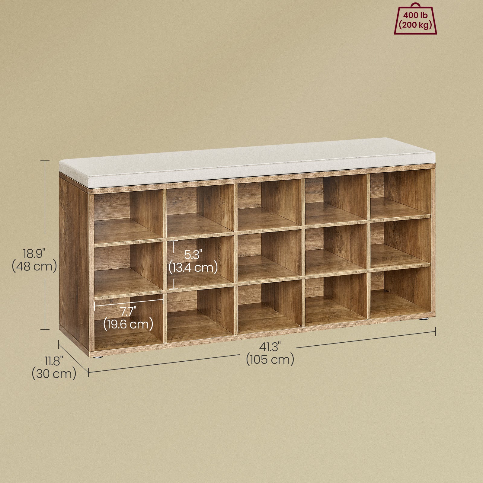 Shoe storage bench with cushion – holds 15 pairs