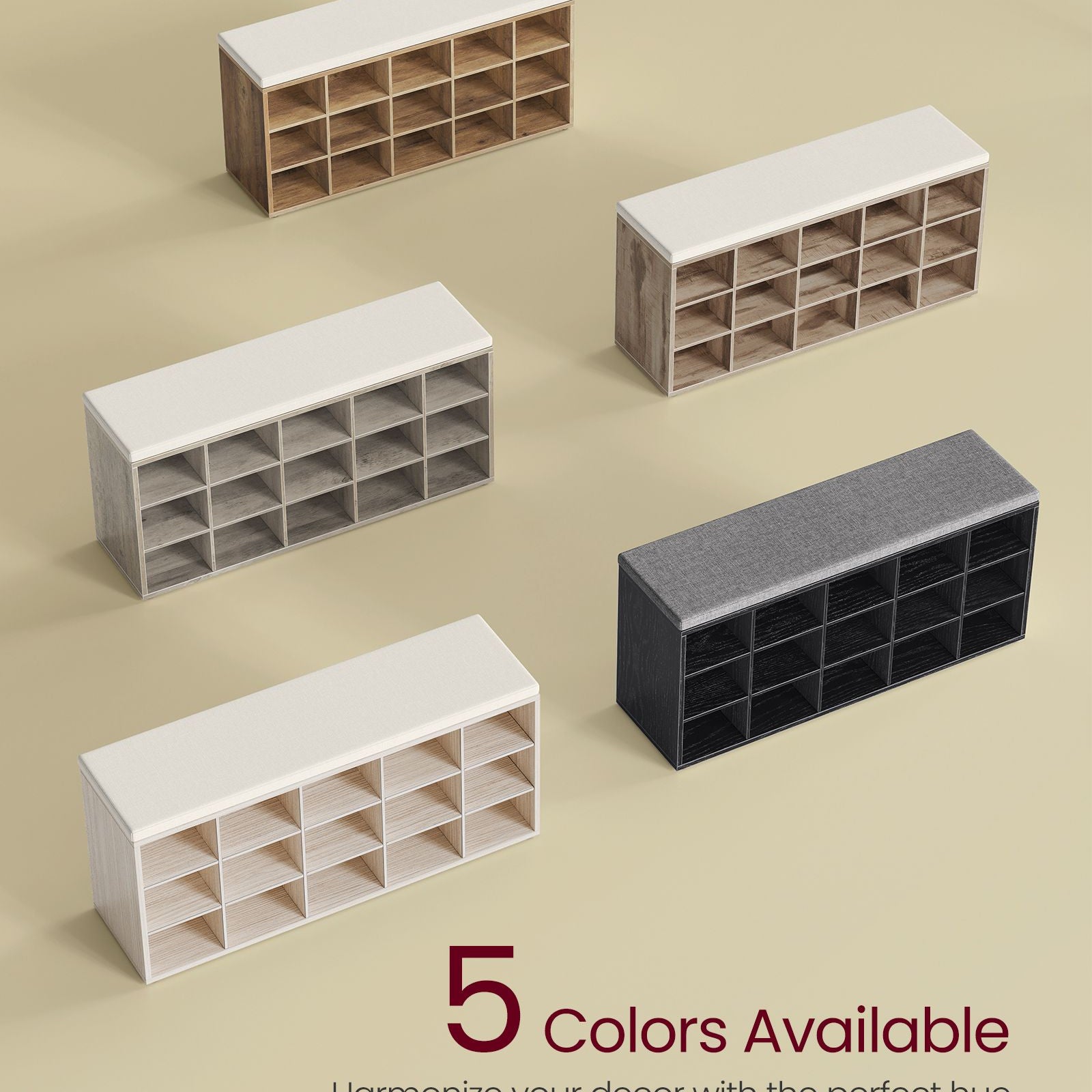 Shoe storage bench with cushion – holds 15 pairs