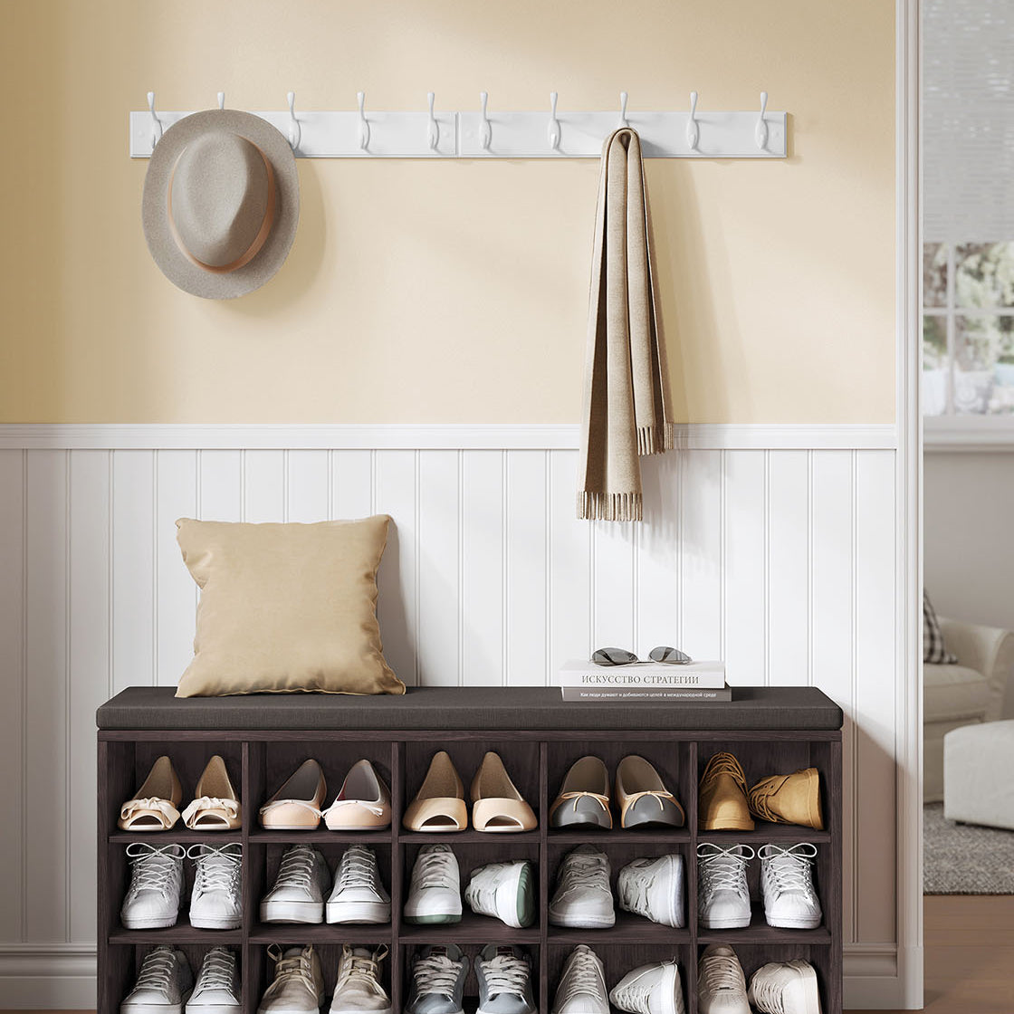 Shoe storage bench with cushion – holds 15 pairs