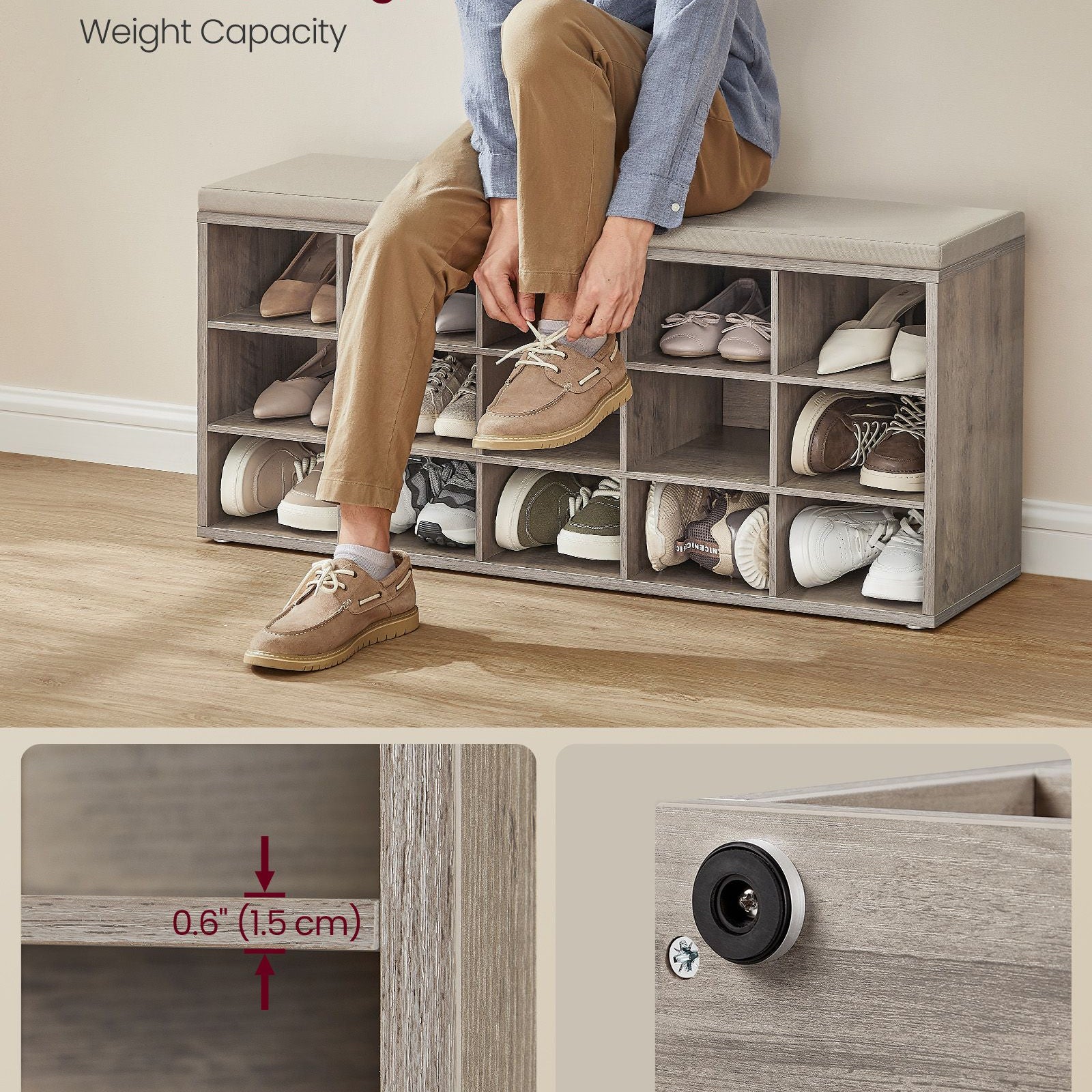 Shoe storage bench with cushion – holds 15 pairs