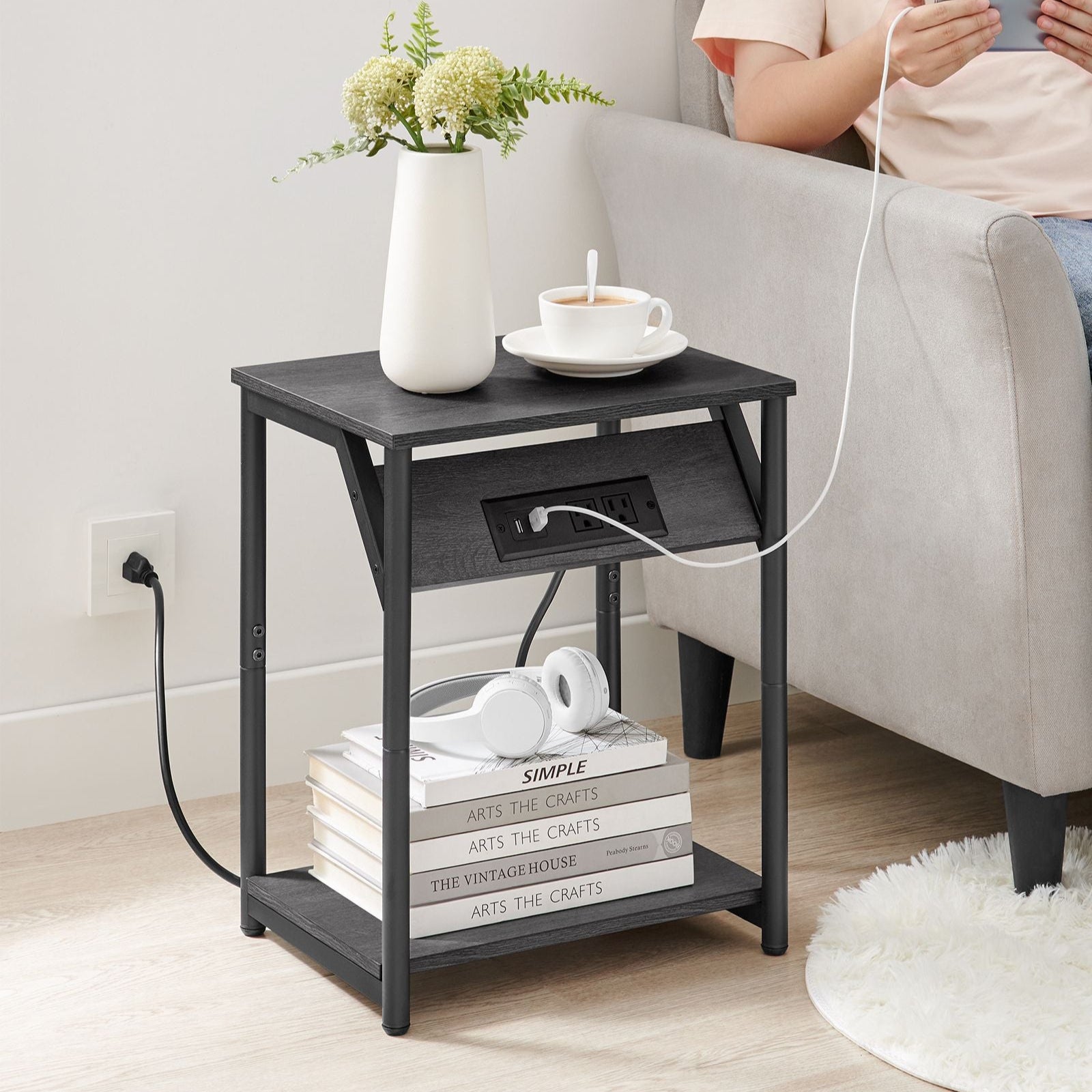 Side table with charging station - narrow end tables with outlets & usb ports - 18.9" tall