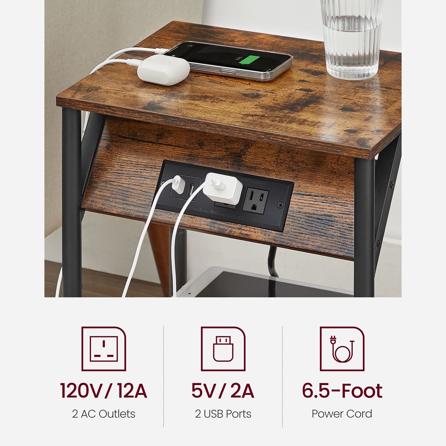 Side table with charging station - narrow end tables with outlets & usb ports - 18.9" tall