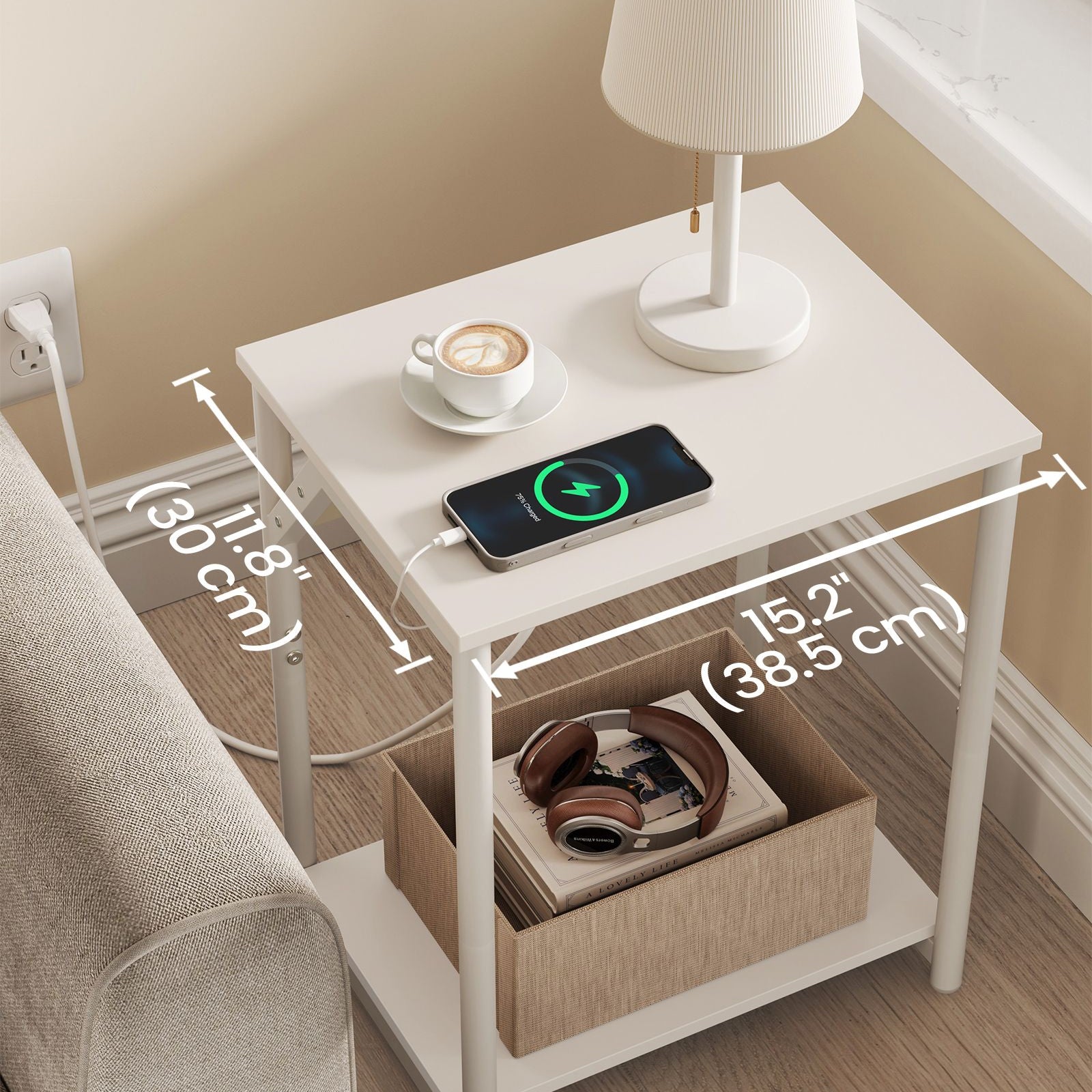 Side table with charging station - narrow end tables with outlets & usb ports - 18.9" tall