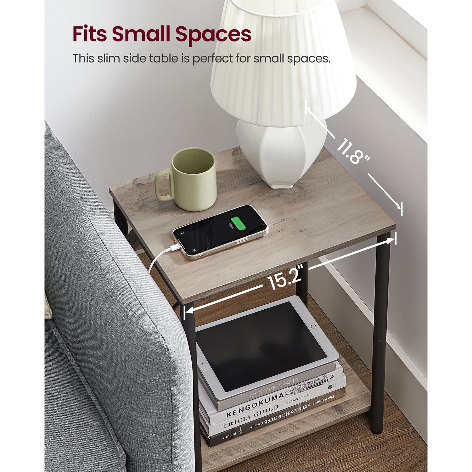 Side table with charging station - narrow end tables with outlets & usb ports - 18.9" tall