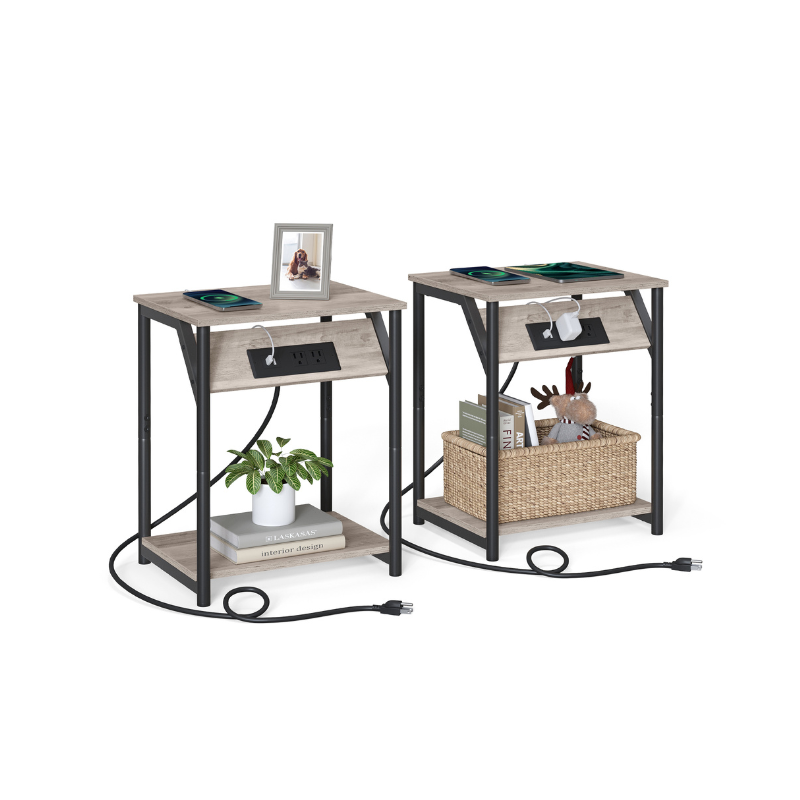 Side table with charging station - narrow end tables with outlets & usb ports - 18.9" tall