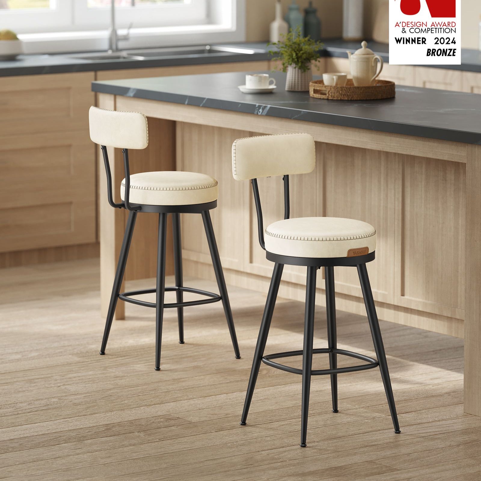 Swivel Bar Stools – Set of 2 – Faux Leather Seat with 360° Rotation – Steel Frame with Adjustable Feet – 25.6"/30" Seat Height