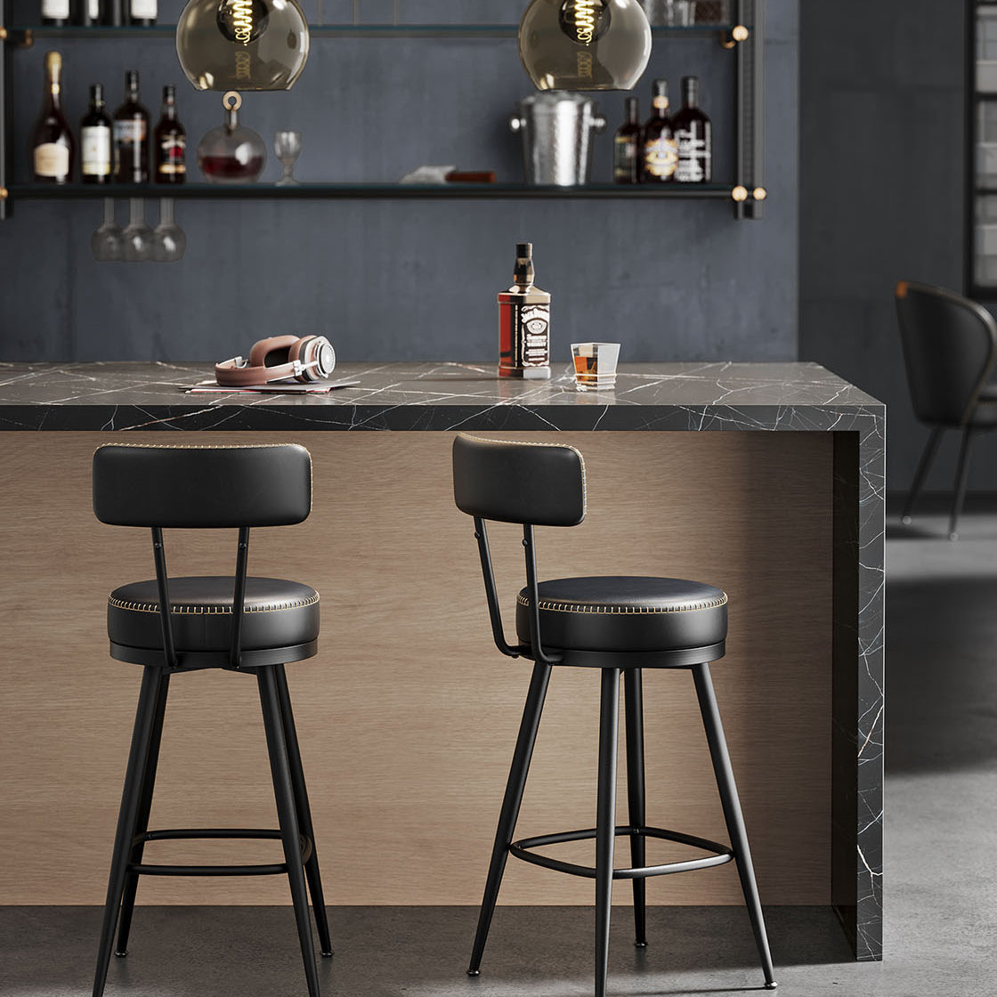 Swivel Bar Stools – Set of 2 – Faux Leather Seat with 360° Rotation – Steel Frame with Adjustable Feet – 25.6"/30" Seat Height