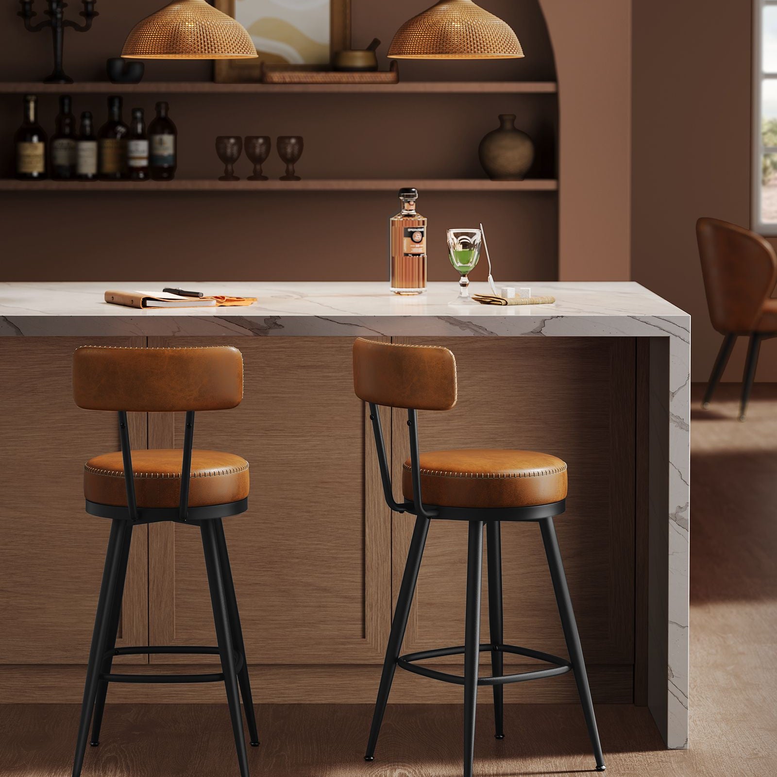 Swivel Bar Stools – Set of 2 – Faux Leather Seat with 360° Rotation – Steel Frame with Adjustable Feet – 25.6"/30" Seat Height